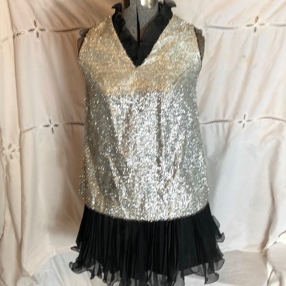 Vintage 80s Party Dress Silver Black Mini Sheath